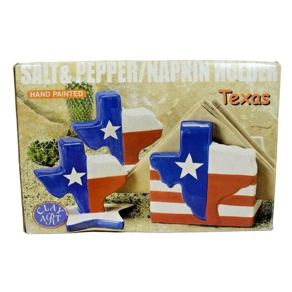 Clay Art Texas Flag Salt and Pepper with Napkin Holder Set Hand Painted - Picture 10 of 11